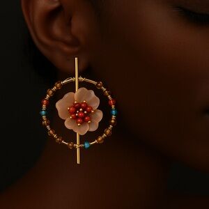 Pointillism Floral Hoop Earrings with Gold and Red Accents